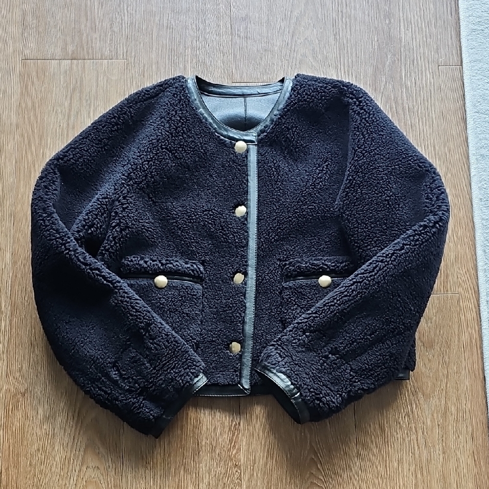 Elegant Black/Dark Navy Teddy/Faux Learher Reversiblr Jacket